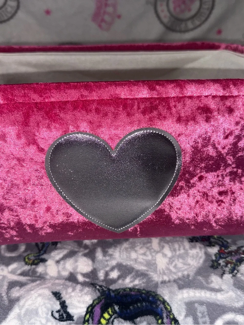 Juicy Couture Pink Velvet Storage Bin Basket with Silver Heart
